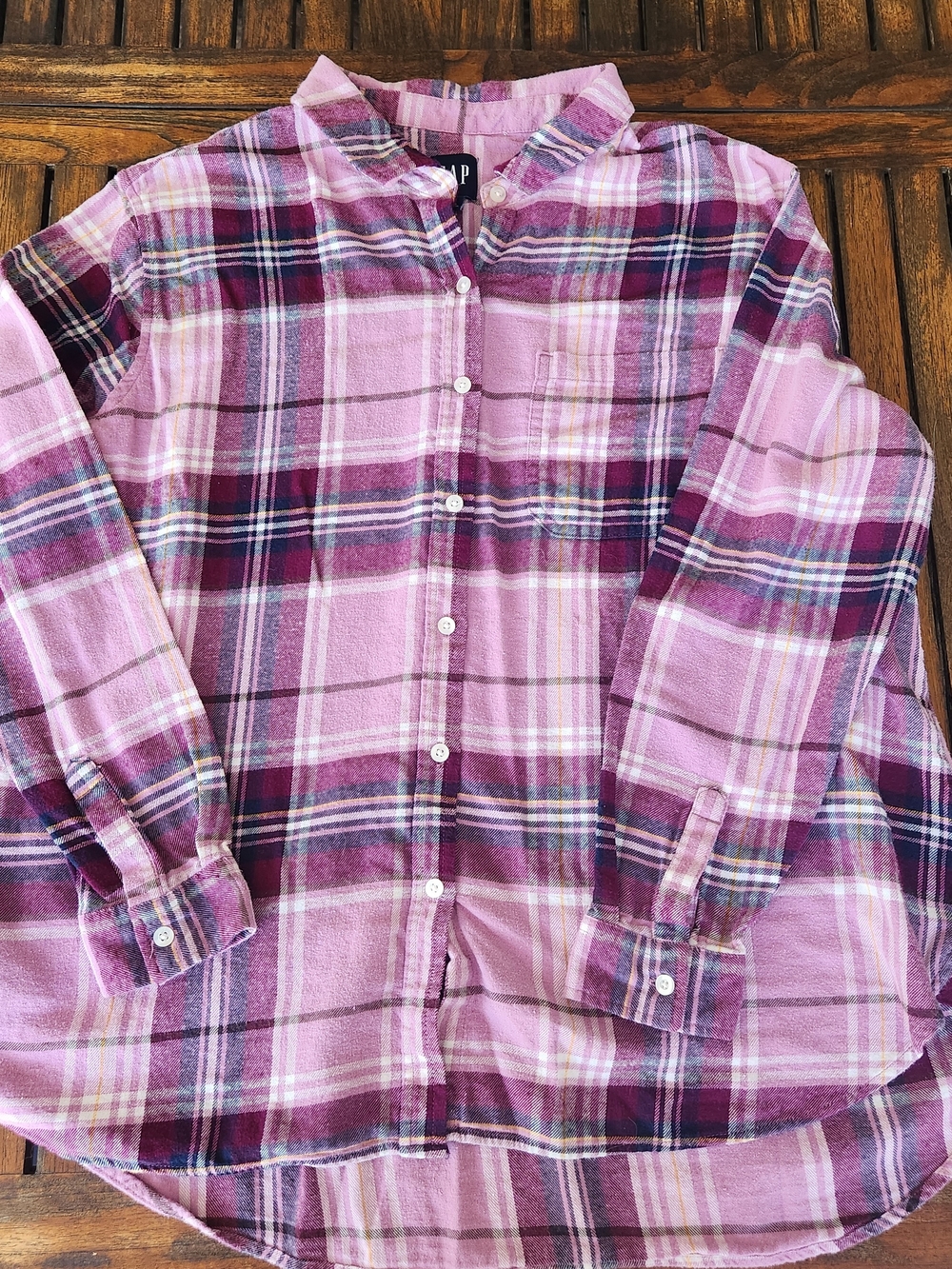 GAP Flannel Shirt Womens XXL Pink Plum Plaid Long Sleeve Button Front Boyfriend